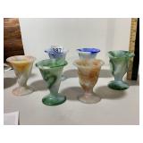 ART GLASS VASES (5), SWIRLED PATTERN, VARIOUS