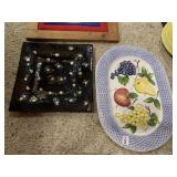 CERAMIC FRUIT THEME OVAL PLATTER, BASKET WEAVE