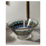 GLASS SERVING BOWL, HEXAGONAL PATTERN, BLUE AND