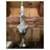 TABLE LAMP, MARBLED GLASS BODY, BRASS BASE,