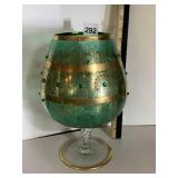 GREEN GLASS VASE, GOLD GILT SCROLL PATTERN,