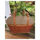 VTG PICNIC BASKET, WOVEN RED AND NATURAL FIBER,