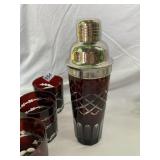 RUBY RED CUT GLASS COCKTAIL SHAKER W/ METAL LID,