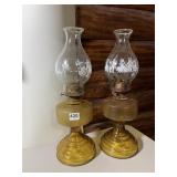 AMBER GLASS OIL LAMPS (2), HOBNAIL TEXTURED FONT,