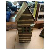 WOODEN LOG CABIN BIRD HOUSE, METAL ROOF, APPROX