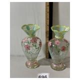 HAND PAINTED GLASS VASES (2), FLORAL MOTIF,