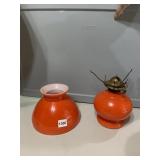 VTG OIL LAMP PARTS, ORANGE CASED GLASS FONT AND