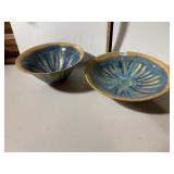 JPW STUDIO POTTERY BOWLS (2), BLUE AND GOLD SWIRL