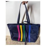 NAVY BLUE NYLON TOTE BAG, MULTICOLORED STRIPED
