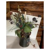 METAL BUCKET VASE W/ APPLIED METAL FLORAL