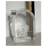 CLEAR GLASS PAPERWEIGHT, ARCHED FORM, ETCHED BIRD