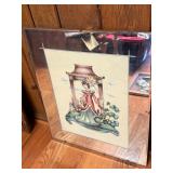 VTG MIRRORED WALL ART, ASIAN FIGURE W/ UMBRELLA,