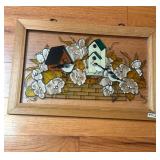 STAINED GLASS WALL ART, FLORAL AND BIRD HOUSE