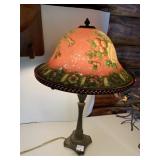 TABLE LAMP, FLORAL REVERSE-PAINTED GLASS SHADE,