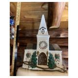 CERAMIC LIGHTED CHURCH FIGURINE, WHITE FINISH W/