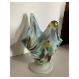 ART GLASS COMPOTE, MULTICOLOR SPATTER PATTERN,