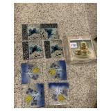GLASS COASTERS (8), BUTTERFLY AND FLORAL