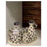 POLISH POTTERY OIL AND VINEGAR CRUET SET,