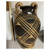 TERRACOTTA AMPHORA VASE, DARK GLAZE, WOVEN RATTAN