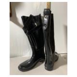 COACH TALL RAIN BOOTS, BLACK PATENT FINISH, STRAP