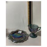 CARNIVAL GLASS CREAMER AND SMALL DISH, IRIDESCENT