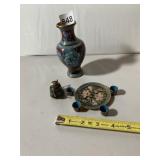 CLOISONNE MINIATURE TEA SET, VASE, METAL, FLORAL