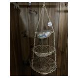 THREE-TIER HANGING WIRE BASKET, WHITE FABRIC ROSE