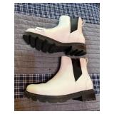SOREL WHITE LEATHER CHELSEA BOOTS, BLACK ELASTIC