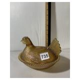 CARNIVAL GLASS HEN ON NEST, MARIGOLD IRIDESCENT
