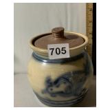 SJ POTTERY STONEWARE CROCK, LIDDED, BLUE SLIP