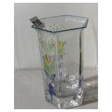 HAND-PAINTED GLASS VASE, HEXAGONAL FORM, FLORAL