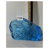 BLUE GLASS DOLPHIN SCULPTURE, FROSTED RELIEF