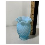 HOBNAIL ART GLASS VASE, BLUE OPALESCENT, RUFFLED