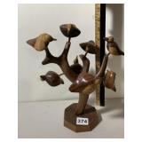 HAND-CARVED WOODEN BIRD TREE SCULPTURE,
