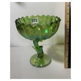 CARNIVAL GLASS COMPOTE, GREEN IRIDESCENT, PETAL
