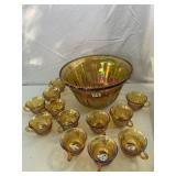 CARNIVAL GLASS PUNCH BOWL SET, MARIGOLD