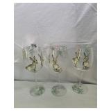 HAND-PAINTED WINE GLASSES (3), RABBIT AND FLORAL