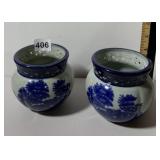 PAIR OF BLUE AND WHITE CERAMIC POTS, RETICULATED
