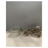 PRESSED GLASS TRINKET BOX, FRUIT MOTIF LID; METAL