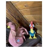 PLUSH ROOSTER FIGURES (2), FABRIC FLORAL PRINT