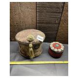 FABRIC COVERED ROUND BOX W/ TASSEL, BEADED AND