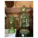 VTG GREEN GLASS LAMPS (2), DIAMOND PATTERN,