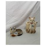 VTG CERAMIC CAT FIGURINES, ONE BASKET PLANTER,