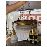 VTG HANGING CHANDELIER, BRASS FRAME, MILK GLASS