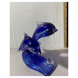 ART GLASS DOLPHIN FIGURINE, COBALT BLUE, CLEAR