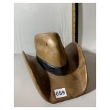 CARVED WOOD COWBOY HAT SCULPTURE, NATURAL FINISH,