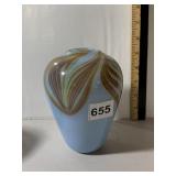 GRANT ART GLASS VASE, LIGHT BLUE W/ SWIRLED AMBER