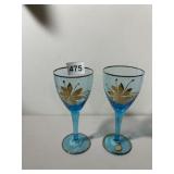 6 STEMWARE, BLUE GLASS, GOLD FLORAL MOTIF, GOLD