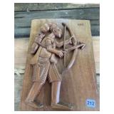 HAND-CARVED WOOD RELIEF PLAQUE, ARCHER FIGURE,