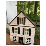 WOODEN DOLLHOUSE, WHITE EXTERIOR, BLACK SHUTTERS,